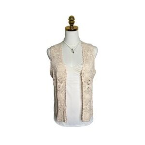 Vintage style Cream Crochet Floral Medallion Button Vest‎ Sleeveless Cardigan